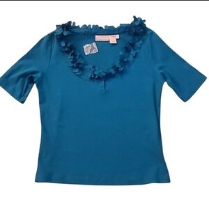 Soft Surroundings Blue Floral Trim Short Sleeve Tee